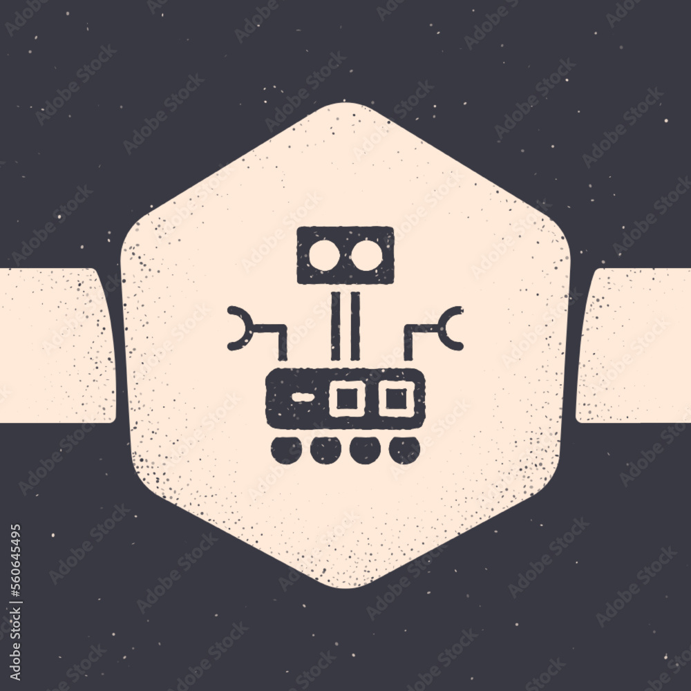 Fototapeta premium Grunge Robot icon isolated on grey background. Artificial intelligence, machine learning, cloud computing. Monochrome vintage drawing. Vector
