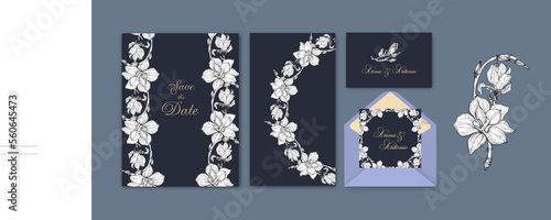 set of postcards and invitations with graphic Magnolia flowers
