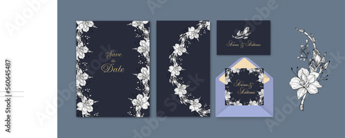 set of postcards and invitations with graphic Magnolia flowers
