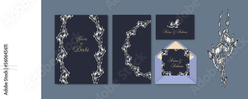 set of postcards and invitations with graphic Magnolia flowers