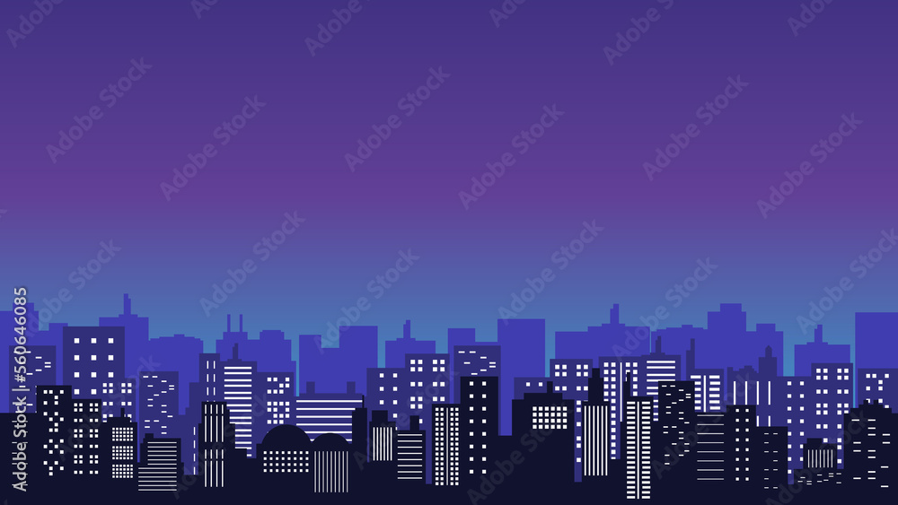 Panoramic landscape silhouette of the city at night with shopping malls around it
