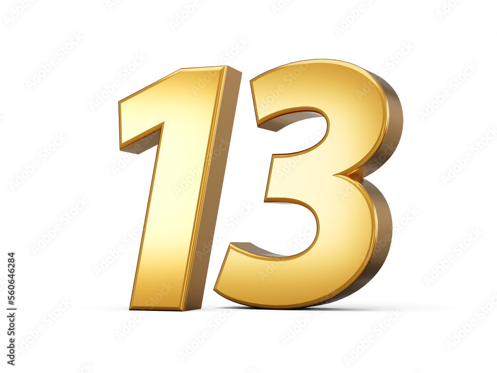 Golden metallic Number 13 Thirteen, White background 3d illustration Golden metallic Number 13 Thirteen, White background 3d illustration