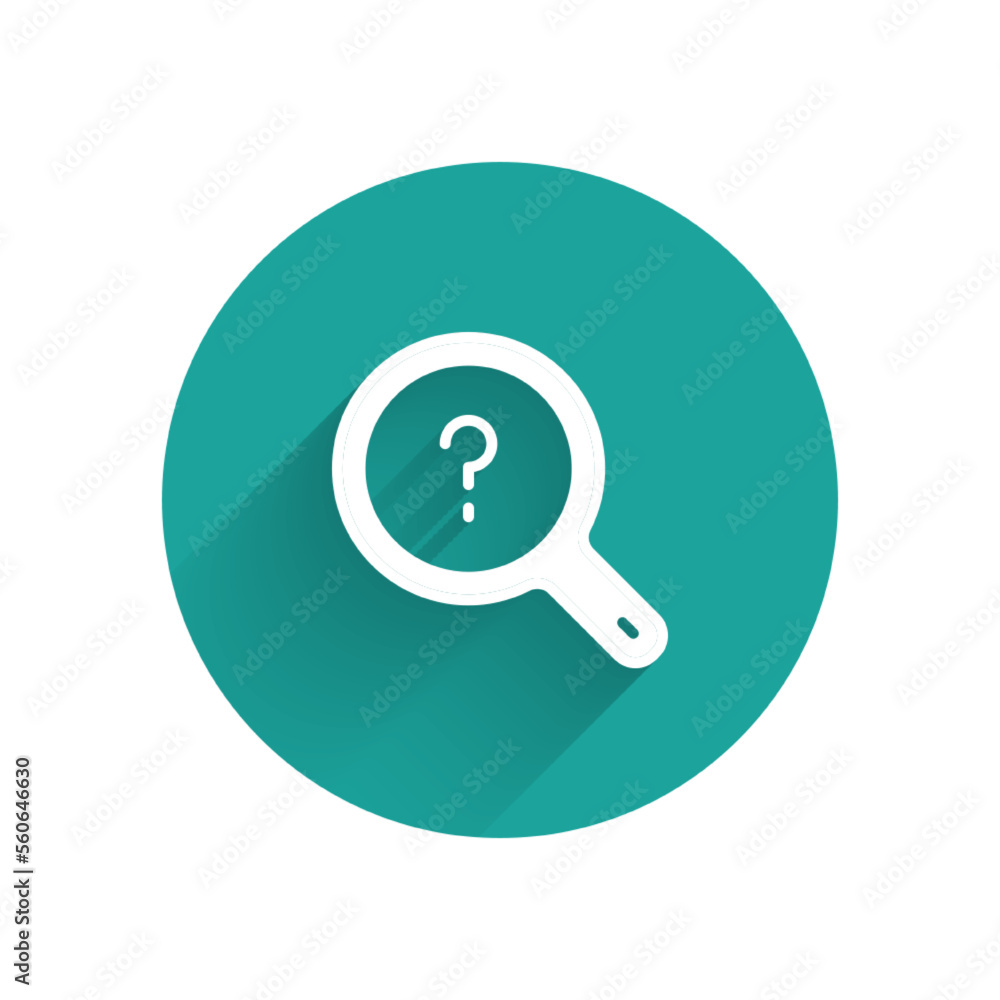 White Unknown search icon isolated with long shadow background. Magnifying glass and question mark. Green circle button. Vector White Unknown search icon isolated with long shadow background. Magnifying glass and question mark. Green circle button. Vector
