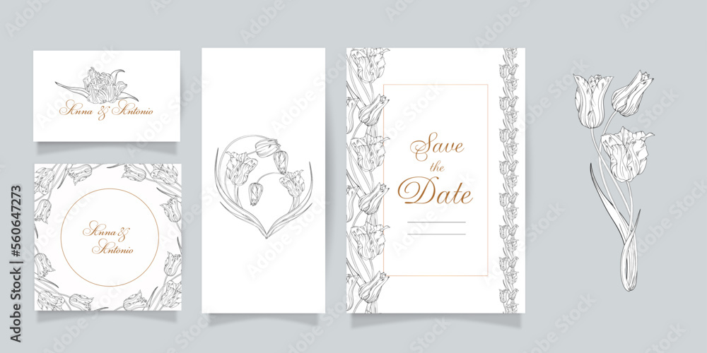 Set of cards and invitations with flowers. Spring flowers. Tulips