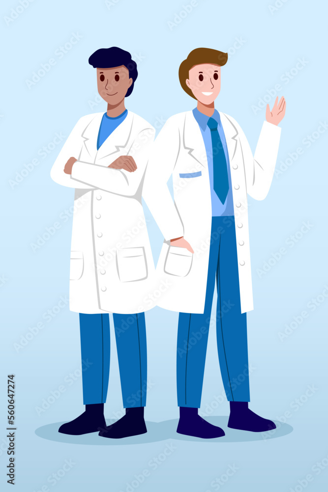 Medical Team . Male doctors with white coat . Cartoon characters . Vector .