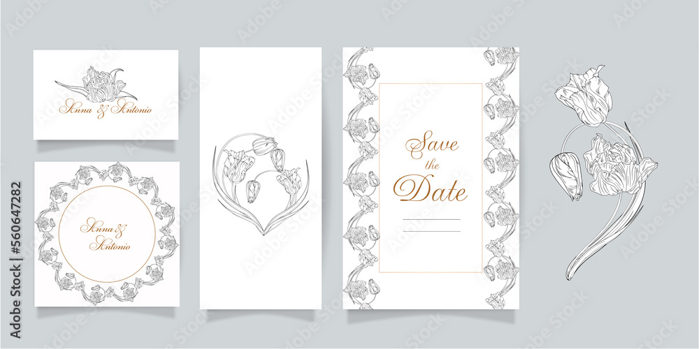 Set of cards and invitations with flowers. Spring flowers. Tulips
