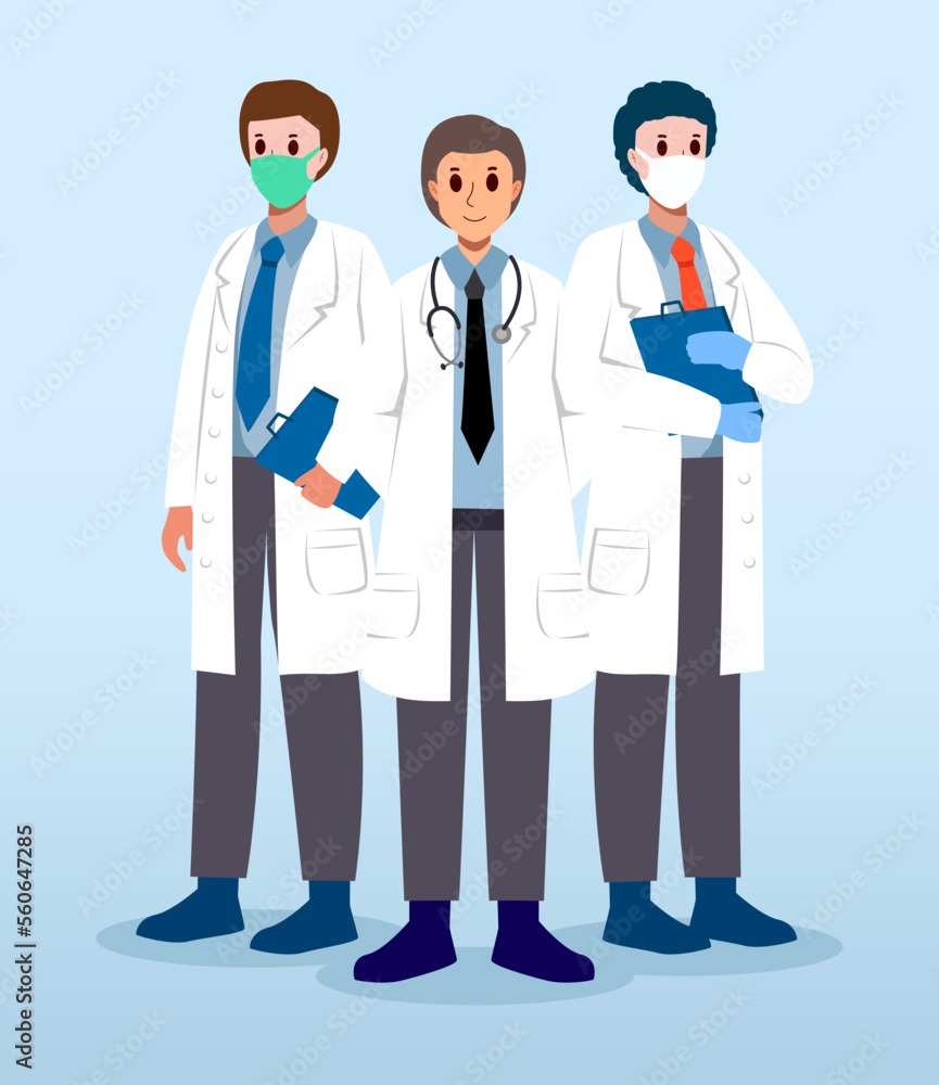 Medical Team . Male doctors with white coat . Cartoon characters . Vector . Medical Team . Male doctors with white coat . Cartoon characters . Vector .
