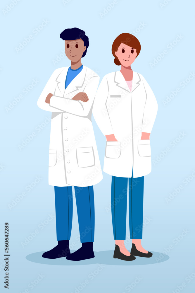 Medical Team . Male and female doctors with white coat . Cartoon characters . Vector . Medical Team . Male and female doctors with white coat . Cartoon characters . Vector .