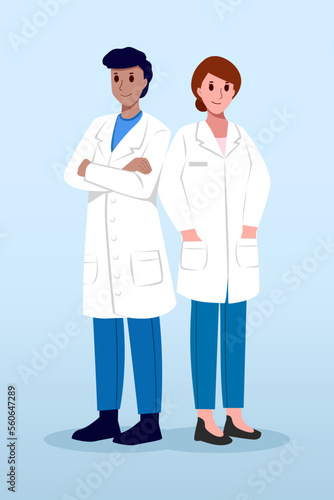 Medical Team . Male and female doctors with white coat . Cartoon characters . Vector .