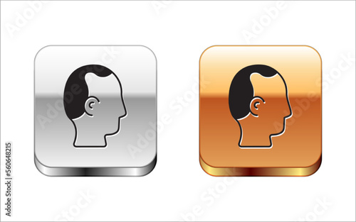 Black Baldness icon isolated on white background. Alopecia. Silver and gold square buttons. Vector