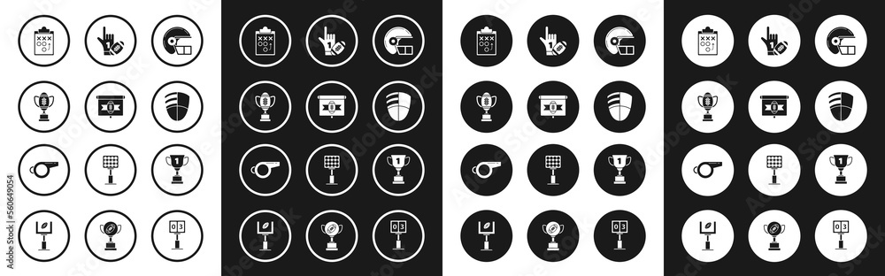 Set American football helmet, on tv program, Award cup and, Planning strategy concept, Football club logo template, Number 1 one fan hand glove with finger raised american, and Whistle icon. Vector Set American football helmet, on tv program, Award cup and, Planning strategy concept, Football club logo template, Number 1 one fan hand glove with finger raised american, and Whistle icon. Vector
