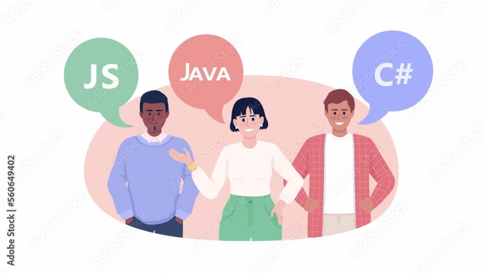Animated programming languages. Young specialists. Looped flat 2D ...