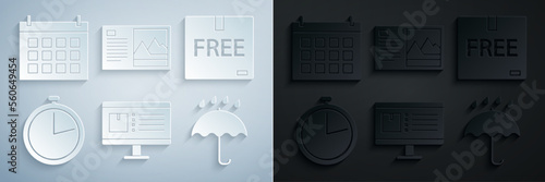 Set Computer monitor with app delivery tracking, Cardboard box free symbol, Stopwatch, Umbrella and rain drops, Postcard and Calendar icon. Vector