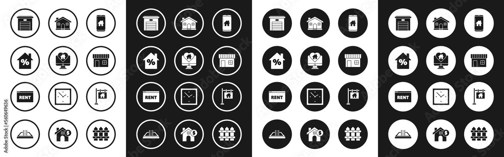 Set Mobile phone with smart home, Monitor house in heart shape, House percant discount tag, Garage, Shopping building market store, Hanging sign text Sale and Online Rent icon. Vector Set Mobile phone with smart home, Monitor house in heart shape, House percant discount tag, Garage, Shopping building market store, Hanging sign text Sale and Online Rent icon. Vector