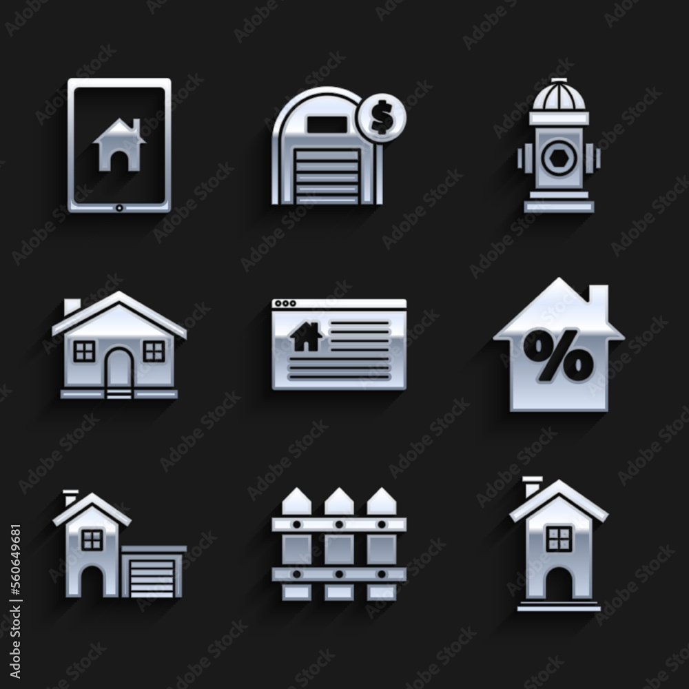 Set Hanging sign with text Online Sale, Garden fence wooden, Home symbol, House percant discount tag, Fire hydrant and Tablet and smart home icon. Vector Set Hanging sign with text Online Sale, Garden fence wooden, Home symbol, House percant discount tag, Fire hydrant and Tablet and smart home icon. Vector