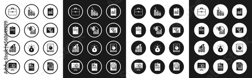 Set Clipboard with graph chart, Pie infographic, Document, Briefcase, Board, and coin, User manual and Rocket flying up on coins growth icon. Vector