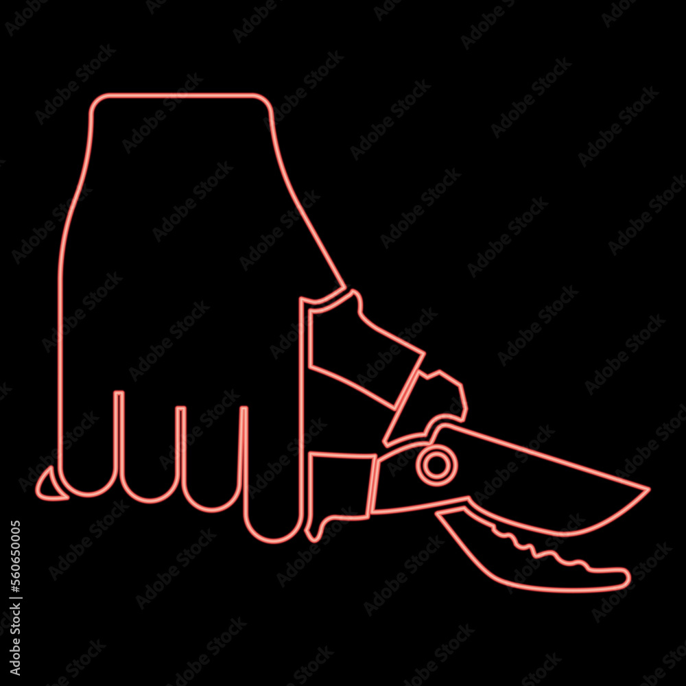Neon secateur in hand garden pruner pruning shears Clippers Hand scissors Manual cutting use tool red color vector illustration image flat style
