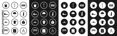 Set Garden fence wooden, Cloud with rain, Chainsaw, Bucket, rake, Ladybug and Worker hat icon. Vector