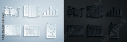 Set Music synthesizer, equalizer, Vinyl player with vinyl disk, Musical instrument accordion and Drums icon. Vector