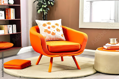 Wallpaper Mural orange patone armchair in room, with carpet, table and vase Generative AI Torontodigital.ca