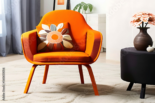 Wallpaper Mural orange patone armchair in room, with carpet, table and vase Generative AI Torontodigital.ca