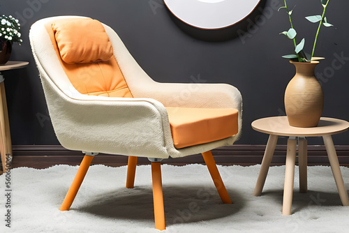 Wallpaper Mural orange patone armchair in room, with carpet, table and vase Generative AI Torontodigital.ca