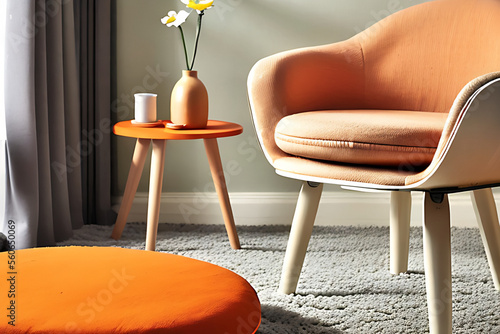Wallpaper Mural orange patone armchair in room, with carpet, table and vase Generative AI Torontodigital.ca