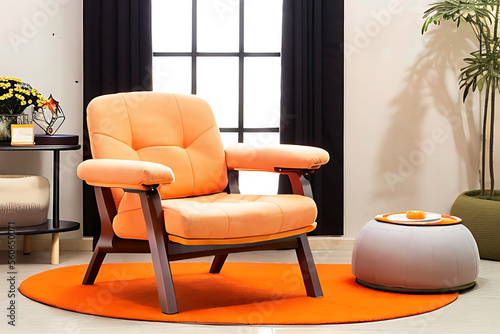 Wallpaper Mural orange patone armchair in room, with carpet, table and vase Generative AI Torontodigital.ca
