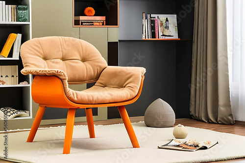Wallpaper Mural orange patone armchair in room, with carpet, table and vase Generative AI Torontodigital.ca
