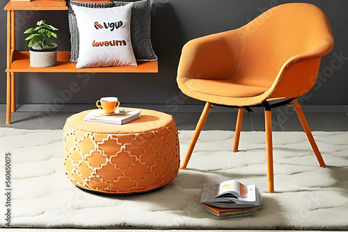 Wallpaper Mural orange patone armchair in room, with carpet, table and vase Generative AI Torontodigital.ca