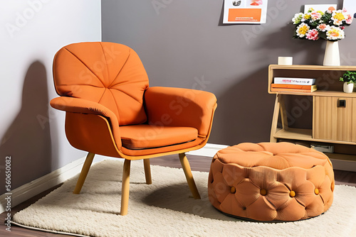 Wallpaper Mural orange patone armchair in room, with carpet, table and vase Generative AI Torontodigital.ca