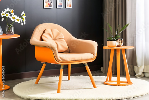 Wallpaper Mural orange patone armchair in room, with carpet, table and vase Generative AI Torontodigital.ca