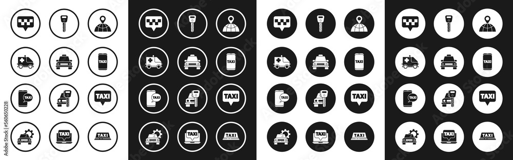 Set Location on the globe, Taxi car, Ambulance and emergency, Map pointer with taxi, call telephone service, Car key, and icon. Vector