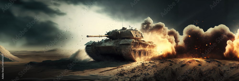 armored tank crosses a mine field during war invasion epic scene of fire and some in the desert, wide poster design with copy space area - obrazy, fototapety, plakaty 