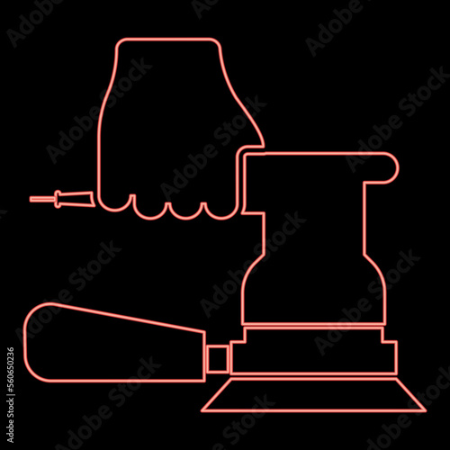 Neon sander in hand holding tool use Arm using circular sheet Electric orbital instrument red color vector illustration image flat style
