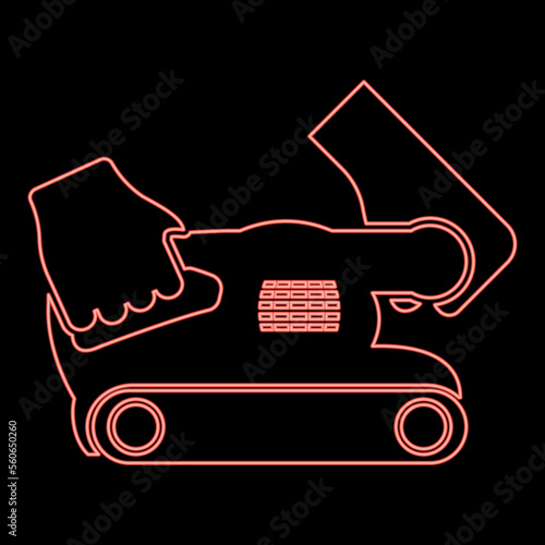 Neon belt sander in hand holding tool use Arm using circular sheet Electric orbital instrument red color vector illustration image flat style