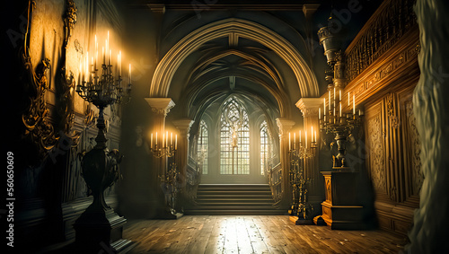 Fantasy interior of the palace. Dark castle interior. golden palace. Fiction Backdrop. concept art.