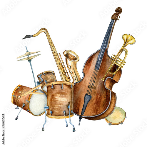 Composition of drum kit, saxophone, contrabass musical instruments watercolor illustration isolated. Jazz band, tambourine hand drawn. Design element for flyer, concert events, brochure, poster, print