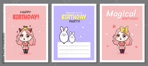 Set of happy birthday greeting cards with chibi girls and bunnies.