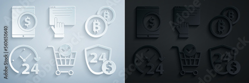 Set Shopping cart with check mark, Cryptocurrency coin Bitcoin, Clock 24 hours, Shield dollar, Online shopping on screen and Tablet icon. Vector