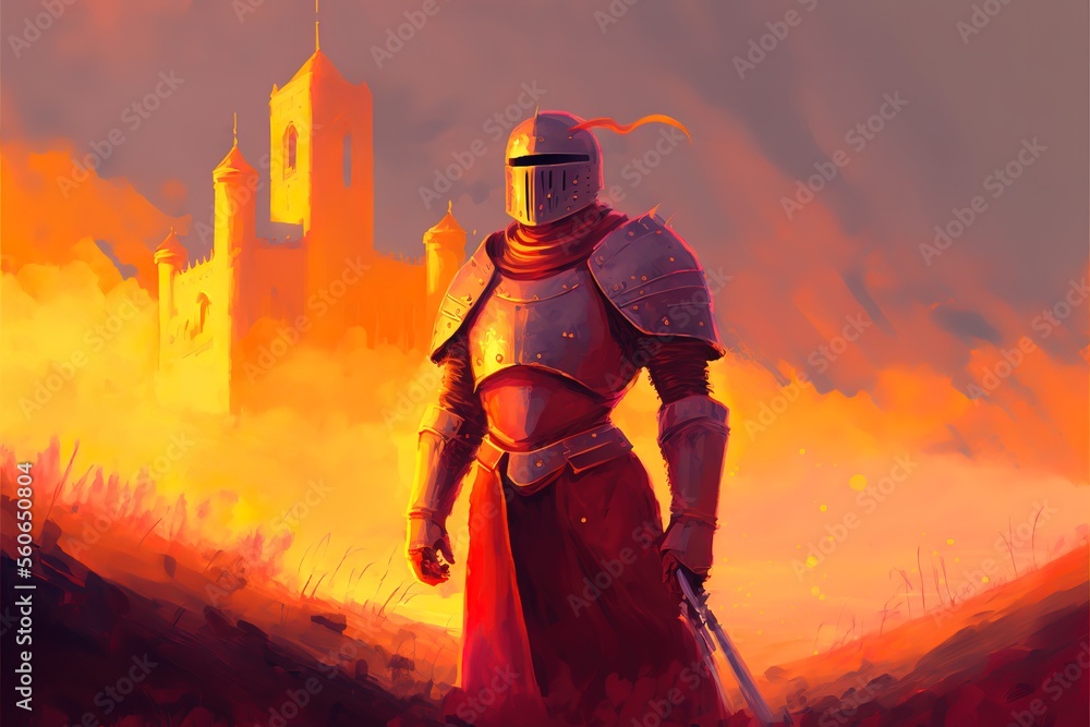 Knight on the background of the castle red illustration Generative AI