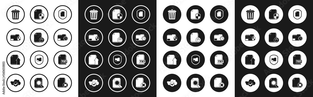 Set Document protection concept, Delete file document, folder, Trash can, with clock, TXT and Upload icon. Vector Set Document protection concept, Delete file document, folder, Trash can, with clock, TXT and Upload icon. Vector