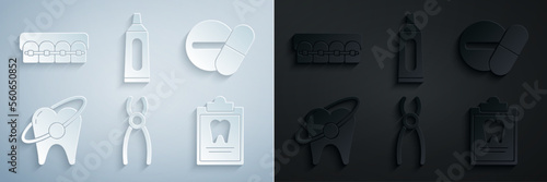 Set Dental pliers, Medicine pill or tablet, Tooth whitening concept, Clipboard with dental card, Tube of toothpaste and Teeth braces icon. Vector