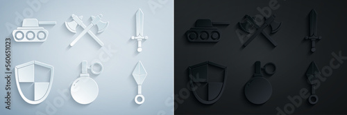 Set Hand grenade, Medieval sword, Shield, Japanese ninja shuriken, Crossed medieval axes and Military tank icon. Vector