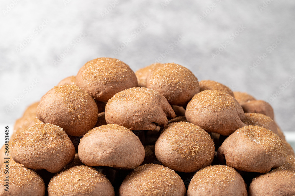 Cocoa and chocolate cookies on a gray background. Cookies with chocolate filling. Bakery products. close up Cocoa and chocolate cookies on a gray background. Cookies with chocolate filling. Bakery products. close up