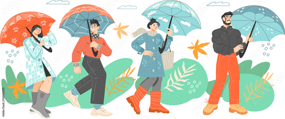 People in rain with umbrellas walking in puddles. Autumn rainy day walk. Men and women in raincoats with umbrellas in hands. People in rain with umbrellas walking in puddles. Autumn rainy day walk. Men and women in raincoats with umbrellas in hands.