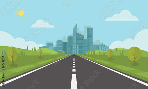 Road on background of natural landscape. Asphalt highway with markings in the city.