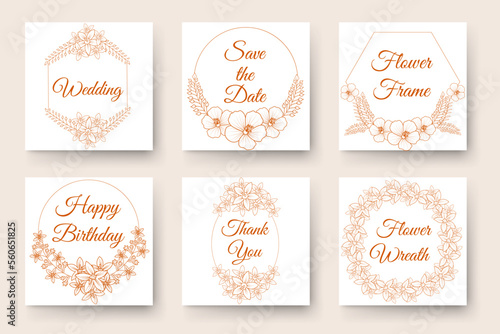 flower border ornament circles and flowers frames invitation elements set of line art floral wreath