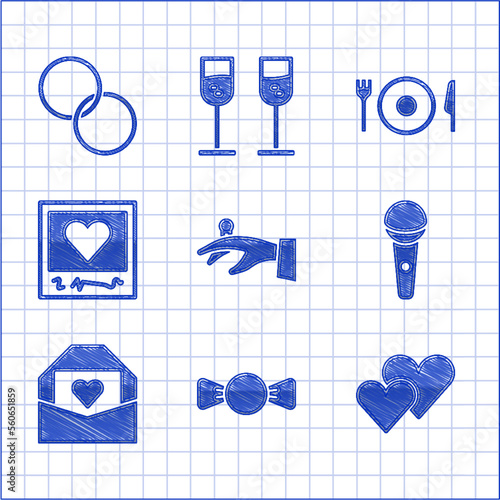 Set Wedding rings on hand, Bow tie, Heart, Microphone, Envelope with Valentine heart, Photo frames hearts, Plate, fork knife and icon. Vector
