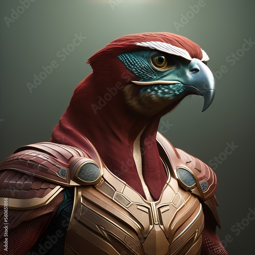 Portrait of a Anthropomorphic Falcon in armour. Digital illustration. Generative AI. photo